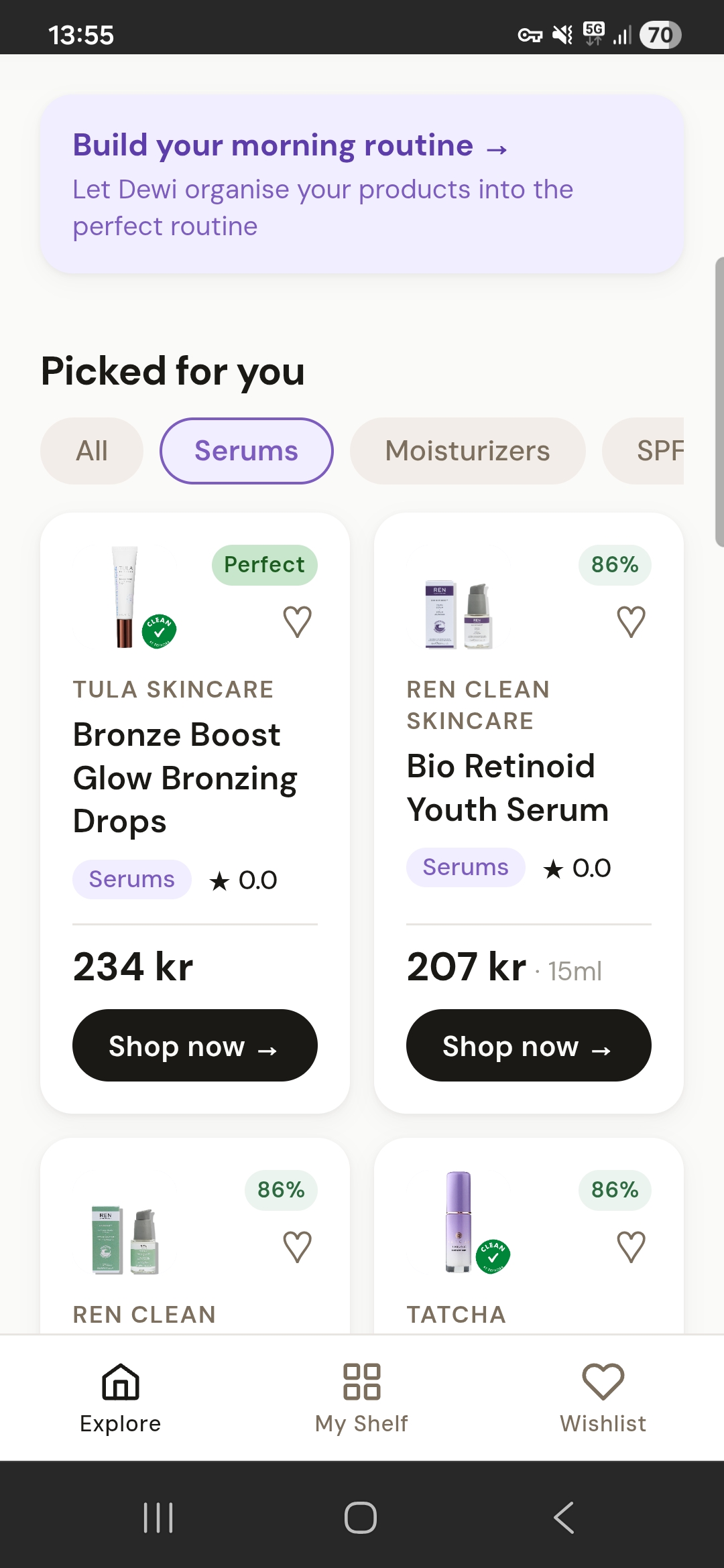 Explore feed showing matched products with scores