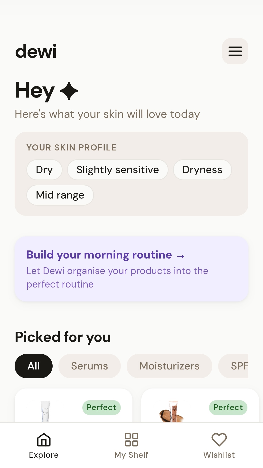 Dewi home screen showing skin profile and product recommendations